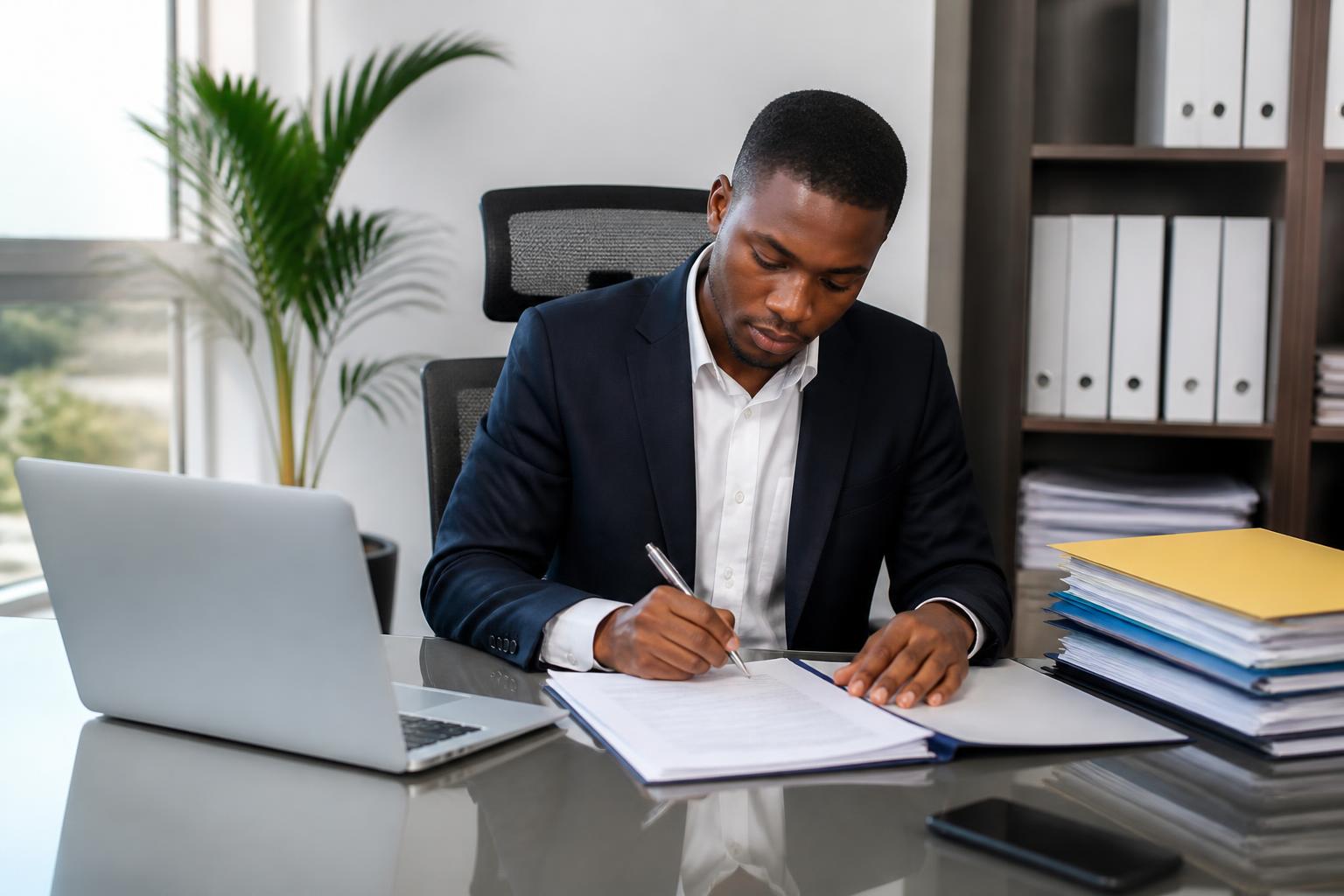Entrepreneur ivoirien signant les documents de création de son entreprise dans un bureau à Abidjan